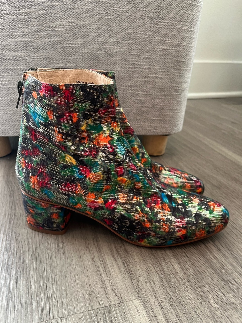 A/Anthropologie Multicolor Jacquard Ankle Booties Block Heel Made in Spain
